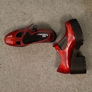 Red vegan T-strap Mary Janes